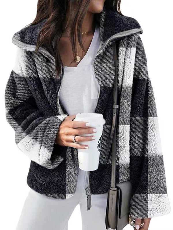 Loose Plaid Zip Up Collar Sweater Jacket