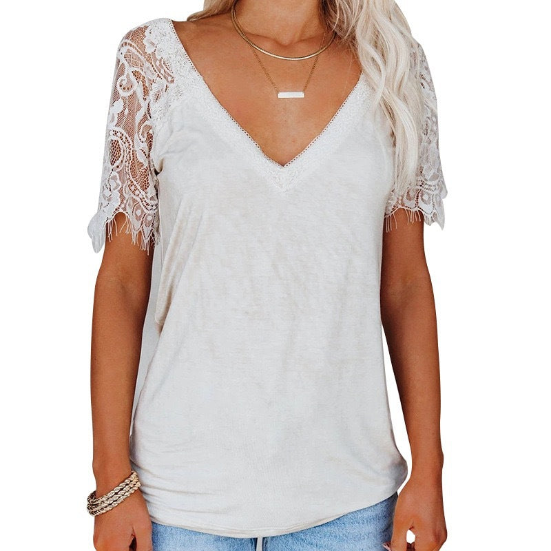 Lace Short Sleeve V Neck Top T-Shirt