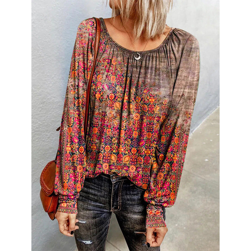 Casual Long Sleeve Scoop Neck Floral Blouse Top