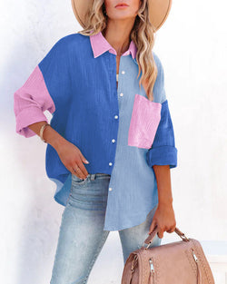 Catch Feels Cotton Colorblock Button Down Top