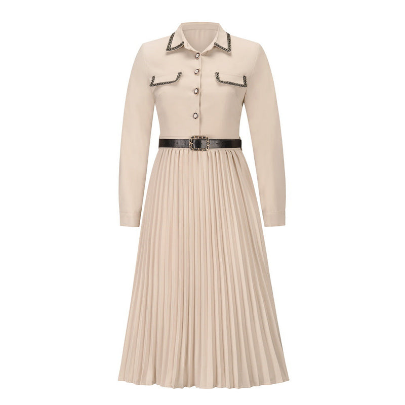 Belted Bendown Collar Lond Sleeve Dress