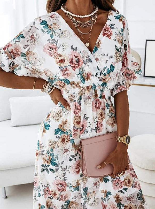 Cross V Neck Elastic Waist Floral Short Sleeve Maxi Dress