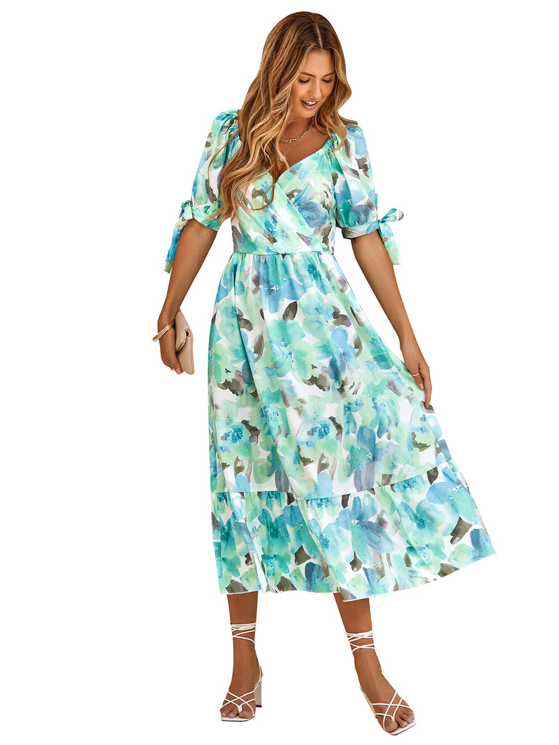 Elegant Short Sleeve V-Neck Printed Maxi Dress