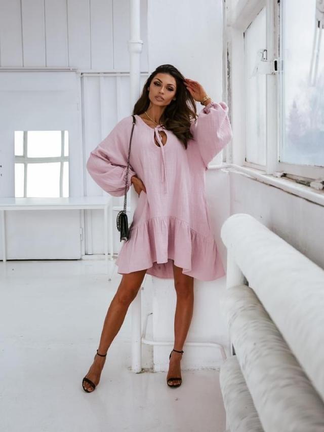 Ballon Long Sleeve Round Neck Mini Dress