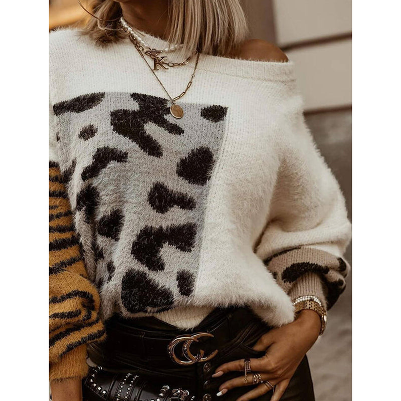 Off Shoulder Oversize Knit Fur Sweater