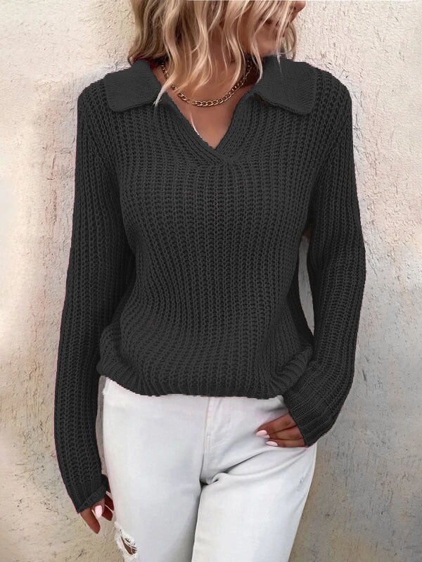 Collar V Neck Solid Color Knit Sweater Pullover