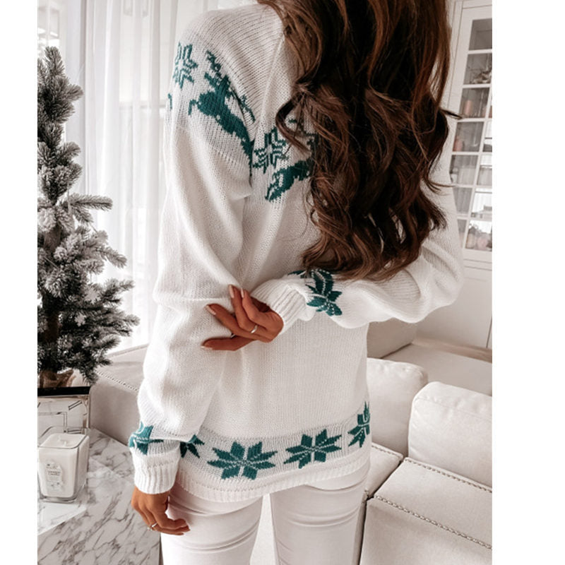 Crew Neck Xmas Print Knitted Sweater