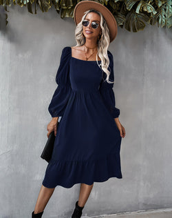 Casual U Neck Long Sleeve Midi Dress