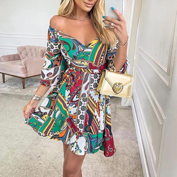 Floral Off Shoulder Short Sleeve Mini Dress