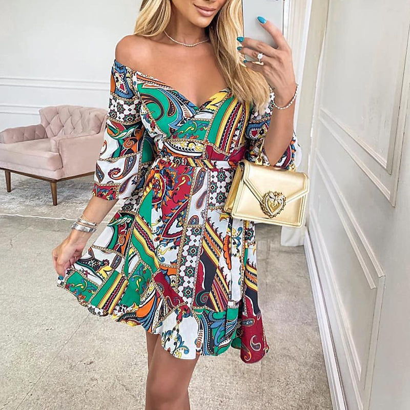 Floral Off Shoulder Short Sleeve Mini Dress