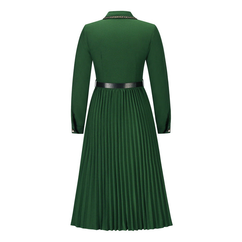 Belted Bendown Collar Lond Sleeve Dress