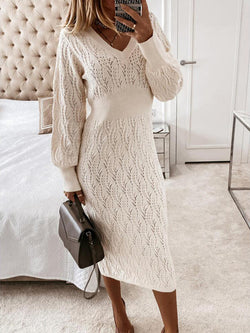 Casual Long Sleeve V Neck Knit Sweater Dress