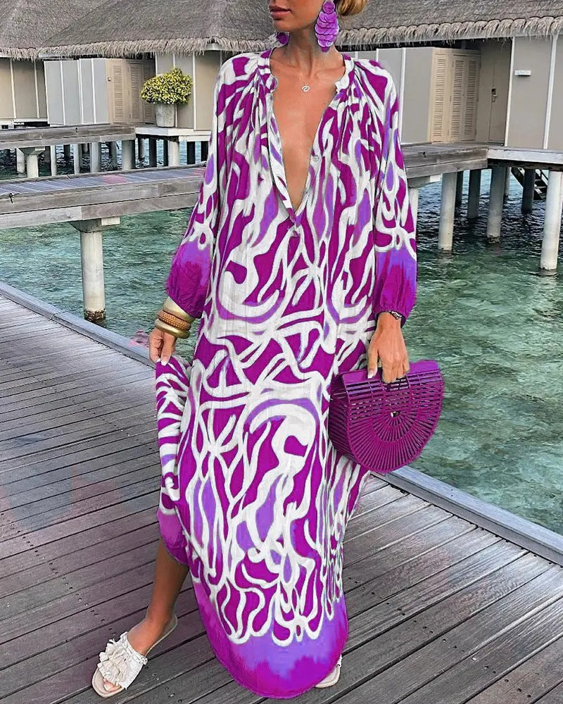 Deep V Neck Long Sleeve Color Blend Maxi Dress