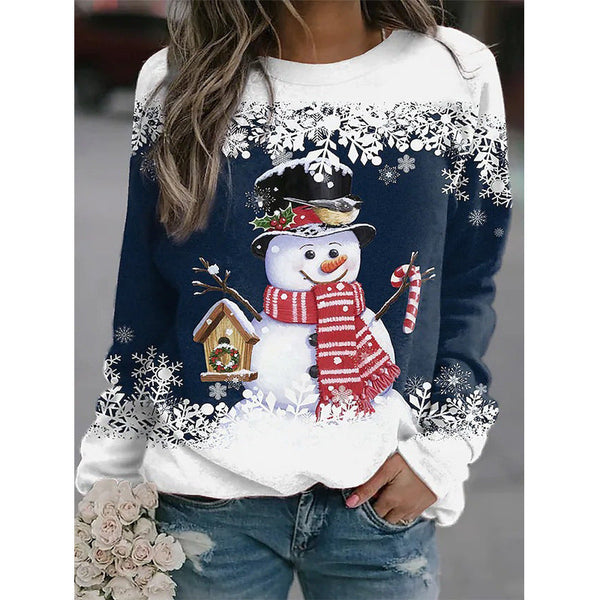 Casual Long Sleeve Crew Neck Snowman Print Sweatshirt