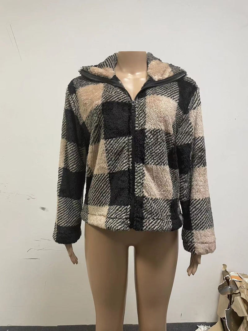 Loose Plaid Zip Up Collar Sweater Jacket