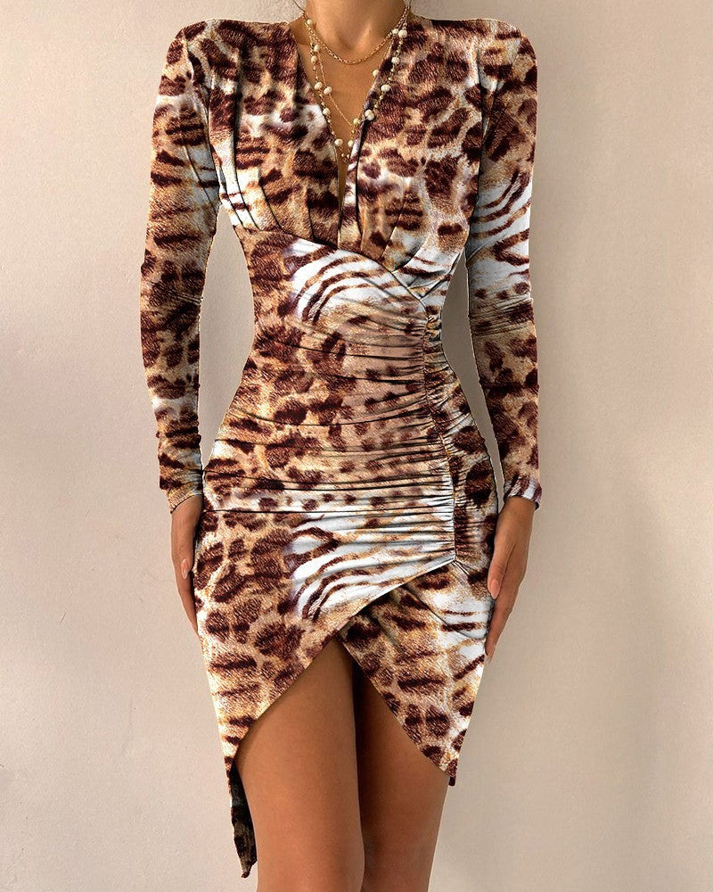 Casual V Neck Long Sleeve Bodycon Mini Dress