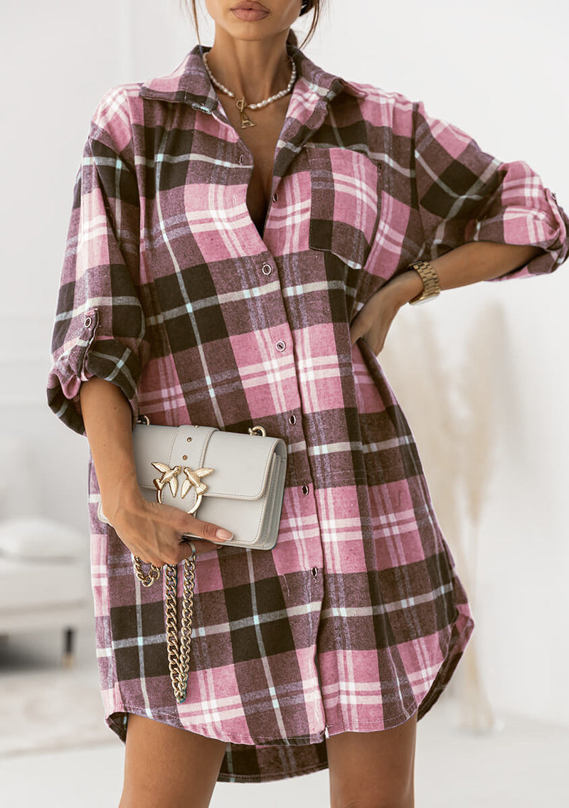 Button Down Fold Sleeves Plaid Flannel Blouse