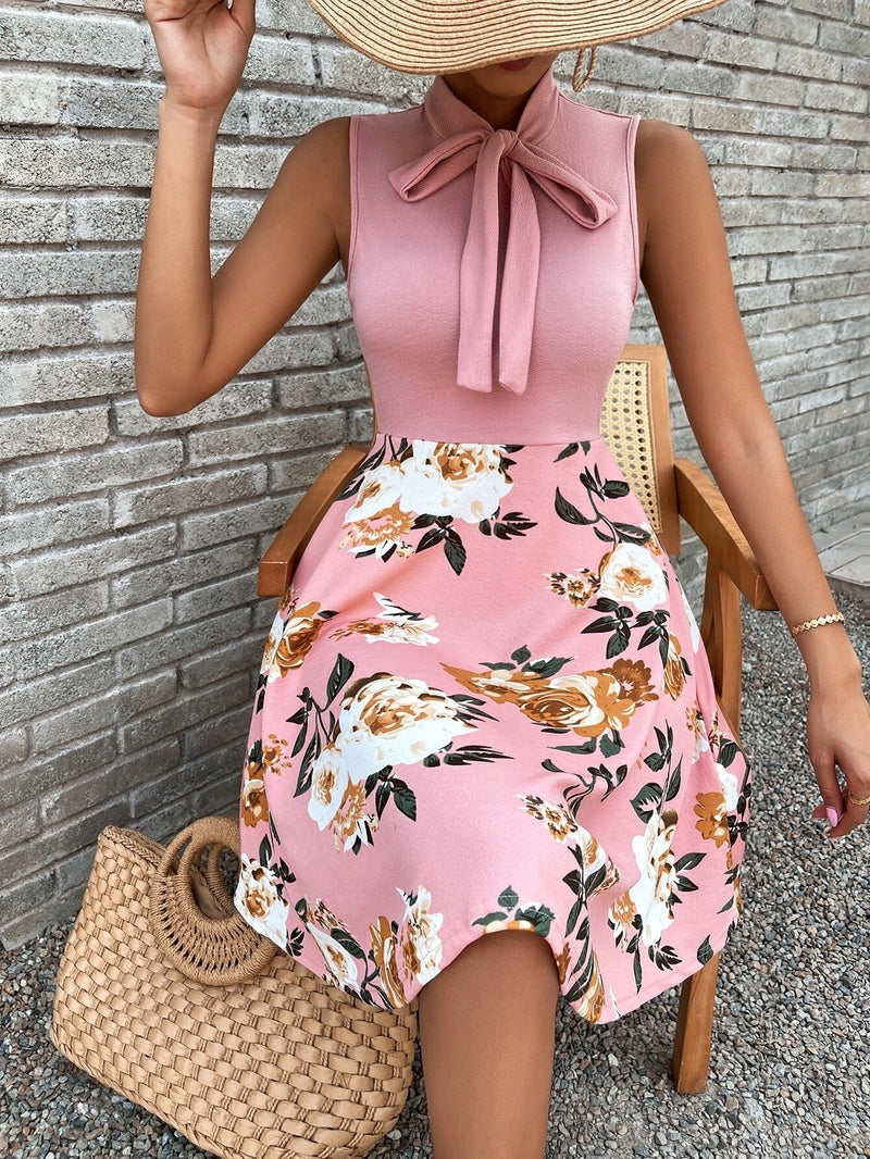 Floral Sleeveless Neck Tie Mini Dress