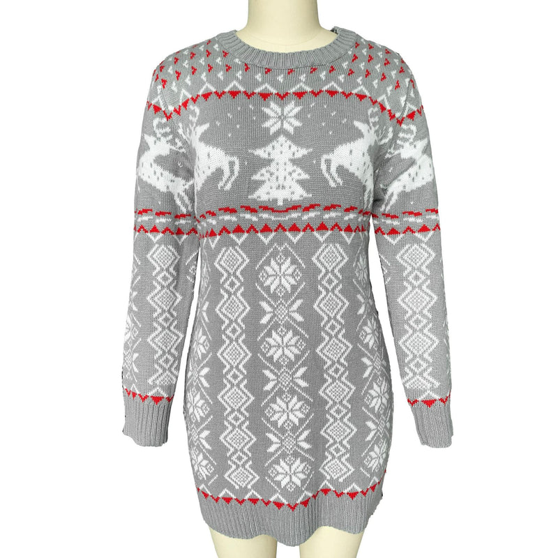 Knitted Christmas Print Crew Neck Long Sweater