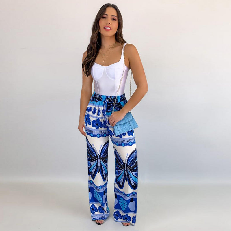 Butter Fly Print Elastic Waist Drawstring Long Pants