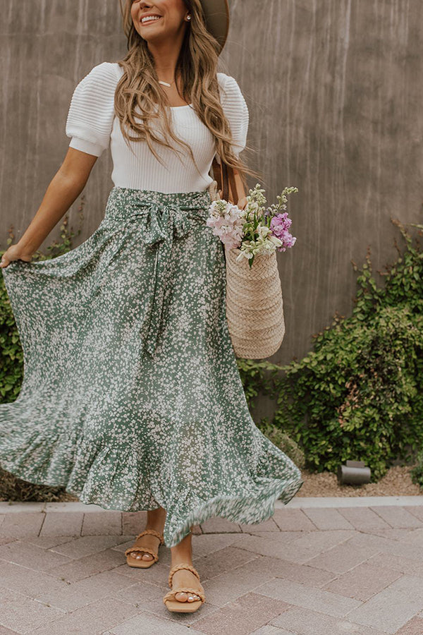 Floral Asymmetric Flounce Belted Maxi Skirt