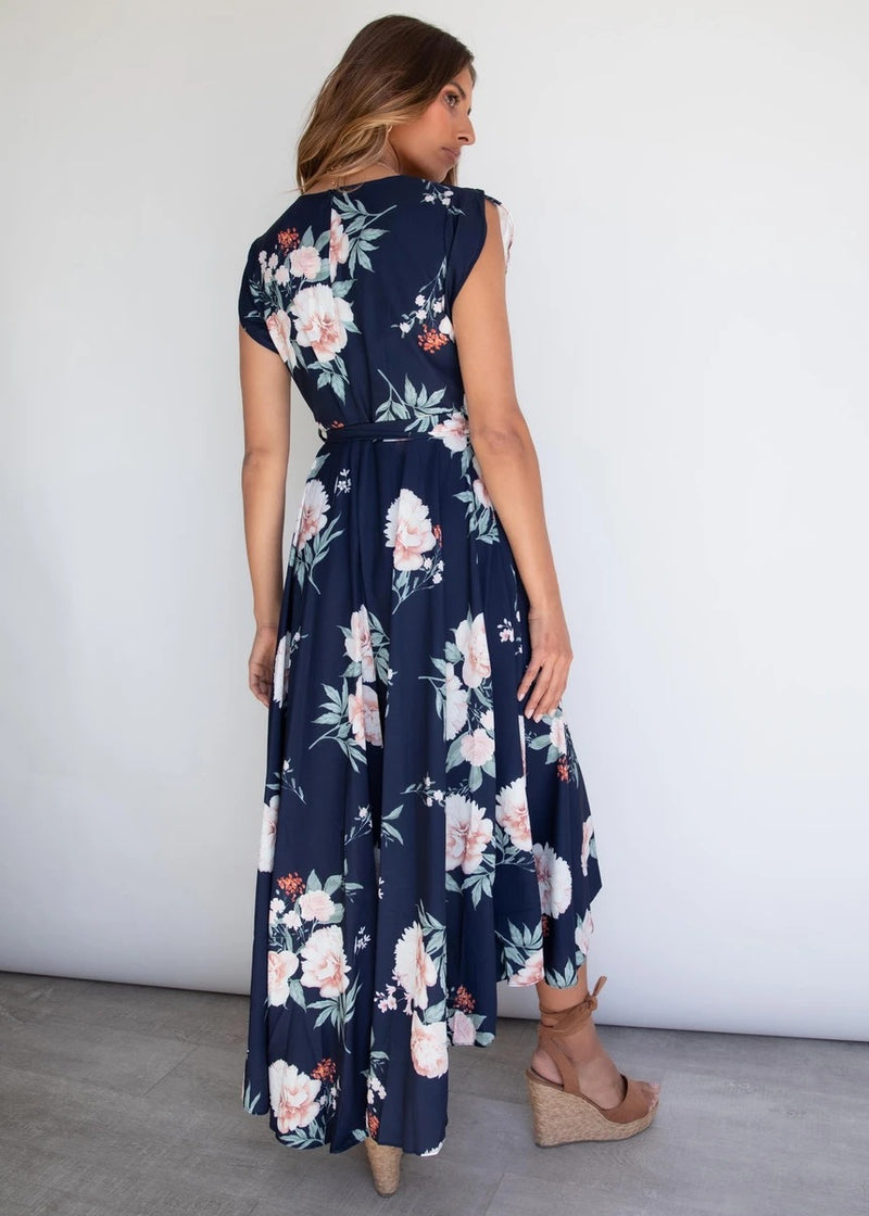 Sleeveless V Neck Tie Waist High Low Floral Maxi Dress