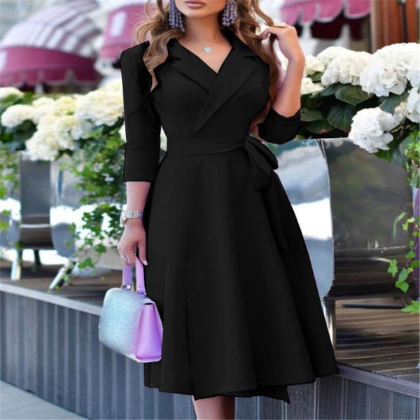 Cross V Neck Floral Solid Neck Dress