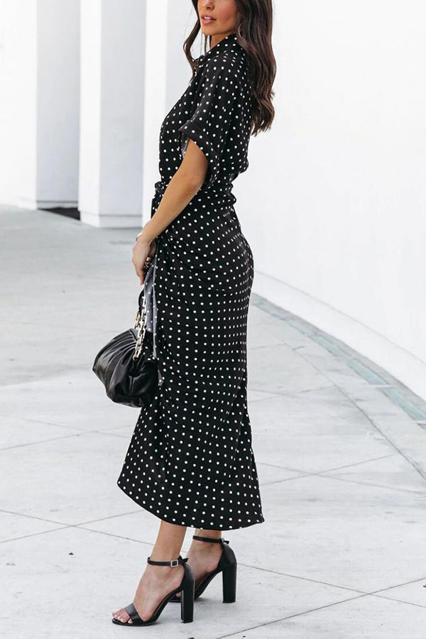 Polka Dot Tie Front Midi Shirt Dress