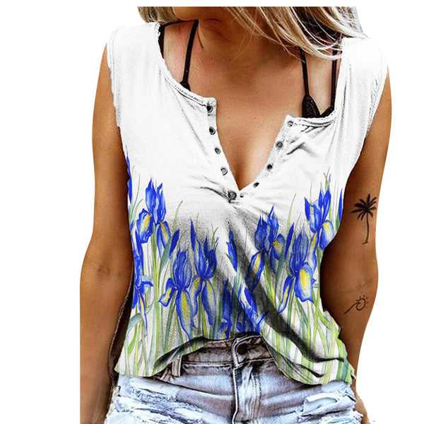 Button Up Scoop Neck Sleeveless Cami Tank Top