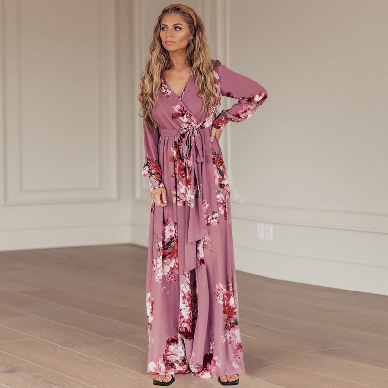 Casual V Neck Long Sleeve Loose Maxi Dress