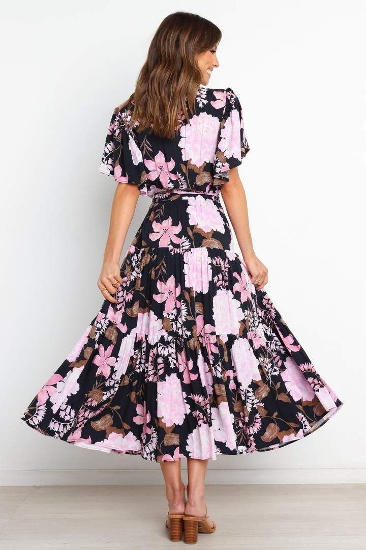 Floral V Neck Short Sleeve Maxi Dress