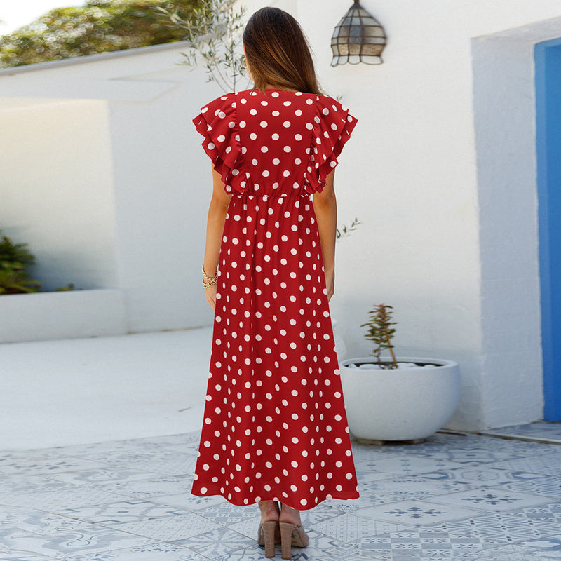 Polka Dot V Neck Cap Sleeve Maxi Dress