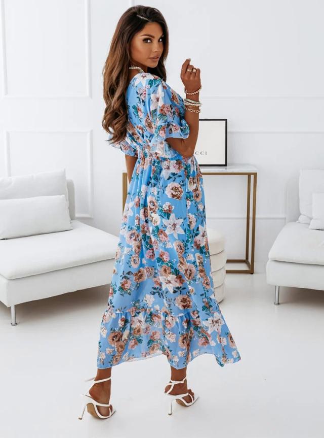 Cross V Neck Elastic Waist Floral Short Sleeve Maxi Dress