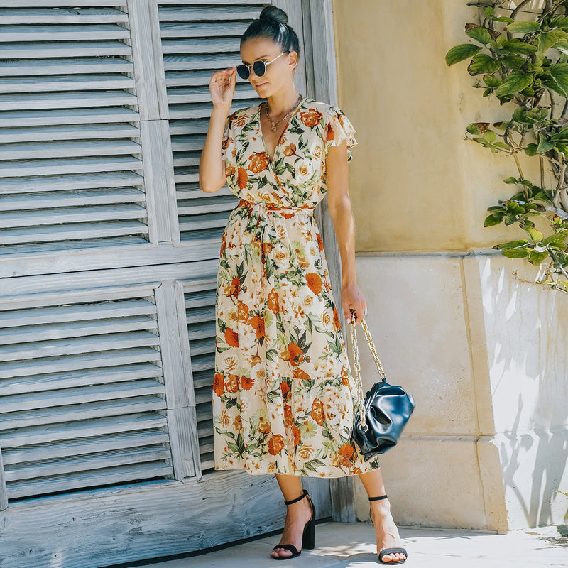 Cap Sleeve V Neck Loose Floral Maxi Dress