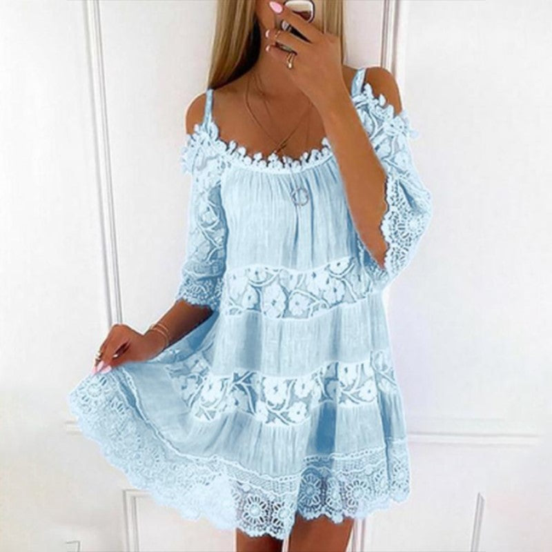 Fashion Cold Shoulder Lace Lined Mini Dress