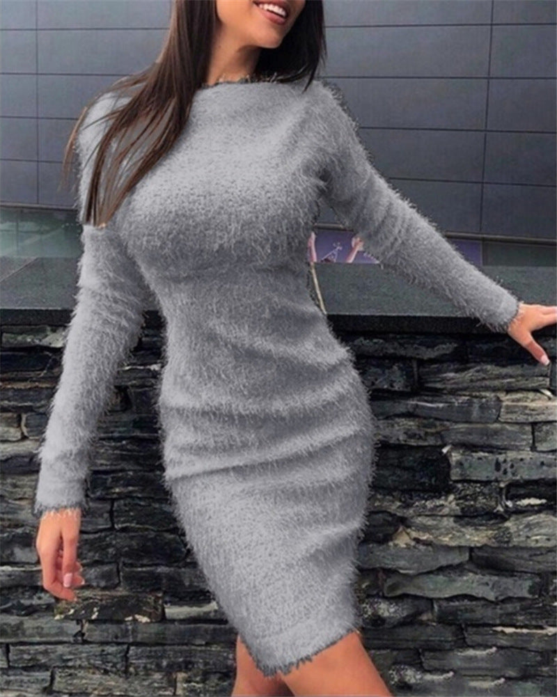 Long Sleeve Fluffy Bodycon Mini Sweater Dress