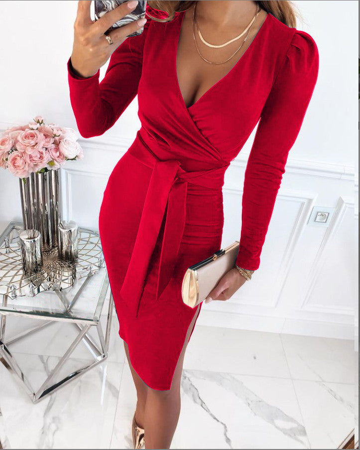 Cross V Neck Tie Waist Long Sleeve Dress