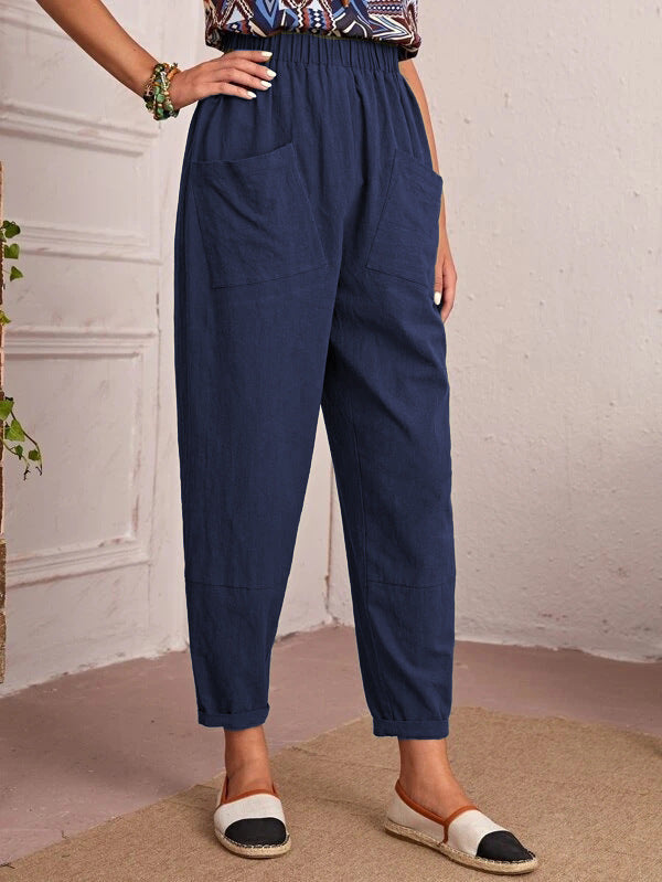 Elegant High Waist Pocketed Solid Color Loose Pants