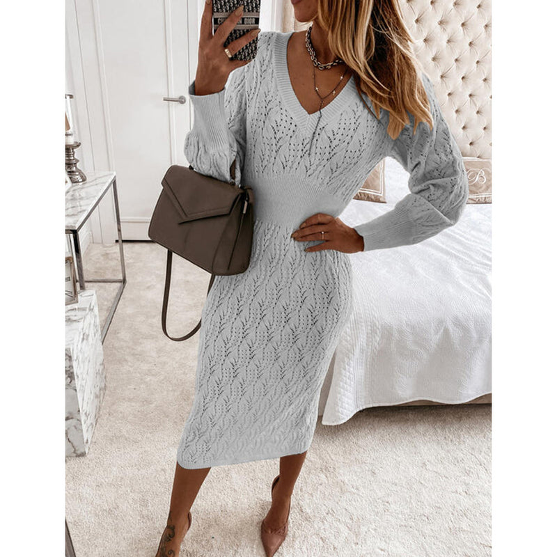 Casual Long Sleeve V Neck Knit Sweater Dress