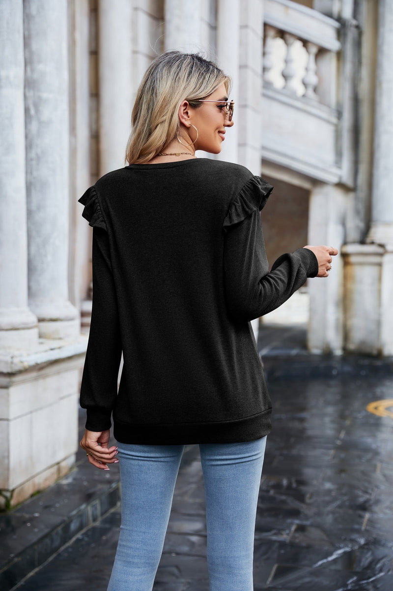 Casual Long Sleeve V-Neck Solid Color Sweat Top