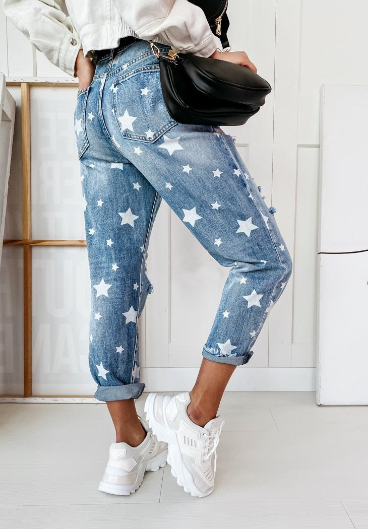 Zip Up Distressed Star Print Jean Pants