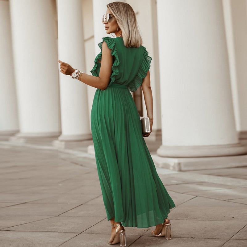 Ruffle Sleeveless V Neck Wrap Front Maxi Dress