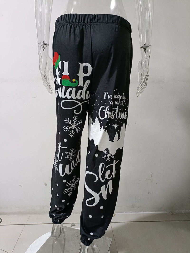 Christmas Print Elastic Waist Sweat Pants