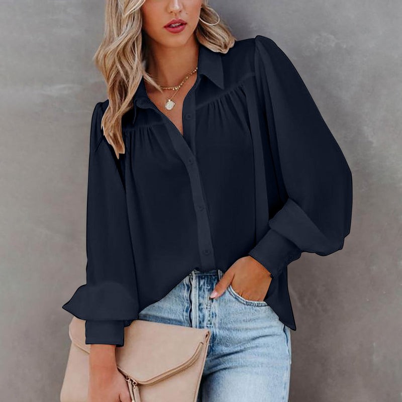 Casual V Neck Wide Long Sleeve Blouse