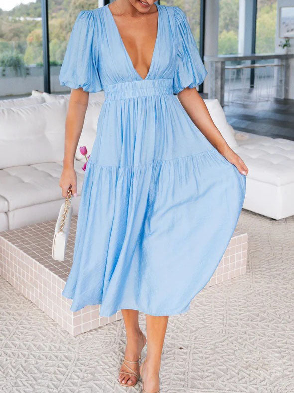 Deep V-Neck Short Sleeve Solid Color Maxi Dress