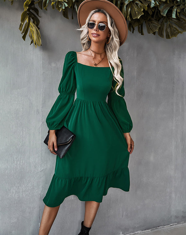 Casual U Neck Long Sleeve Midi Dress