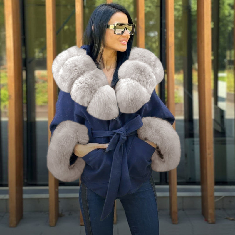 Bubble Faux Fur Tie Waist Front Pocket Coat