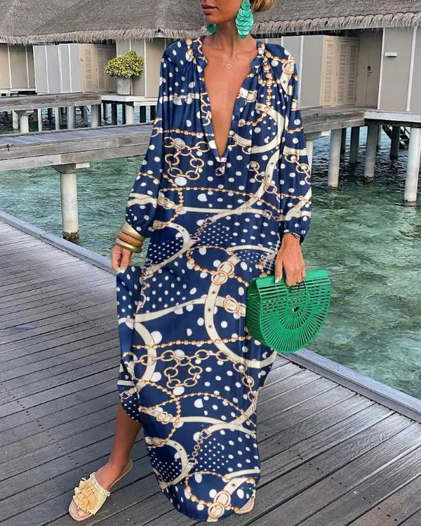 Deep V Neck Long Sleeve Color Blend Maxi Dress