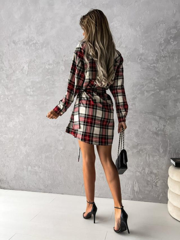 Long Sleeve Button Down Wrap Waist Plaid Mini Dress