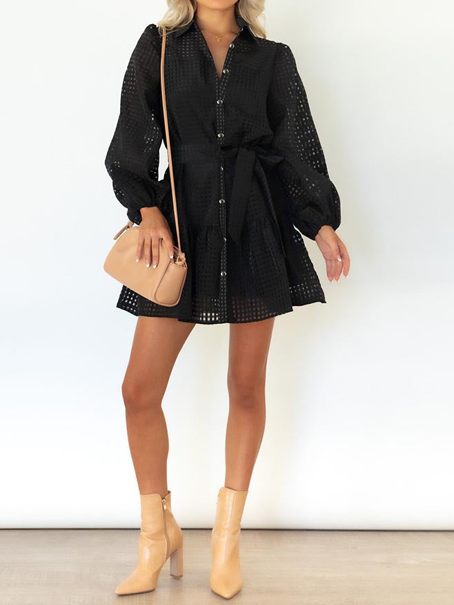 Button Down Collar Long Sleeve Mini Dress